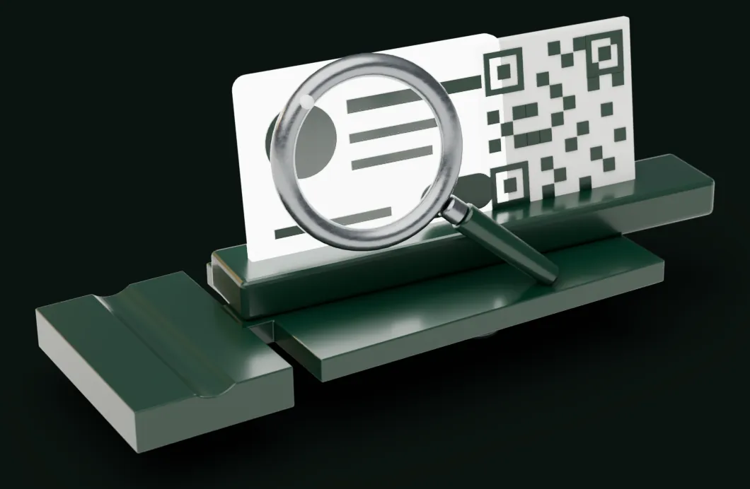 La pièce Google de la maquette&nbsp;: une loupe sur une fiche, avec un QR code.