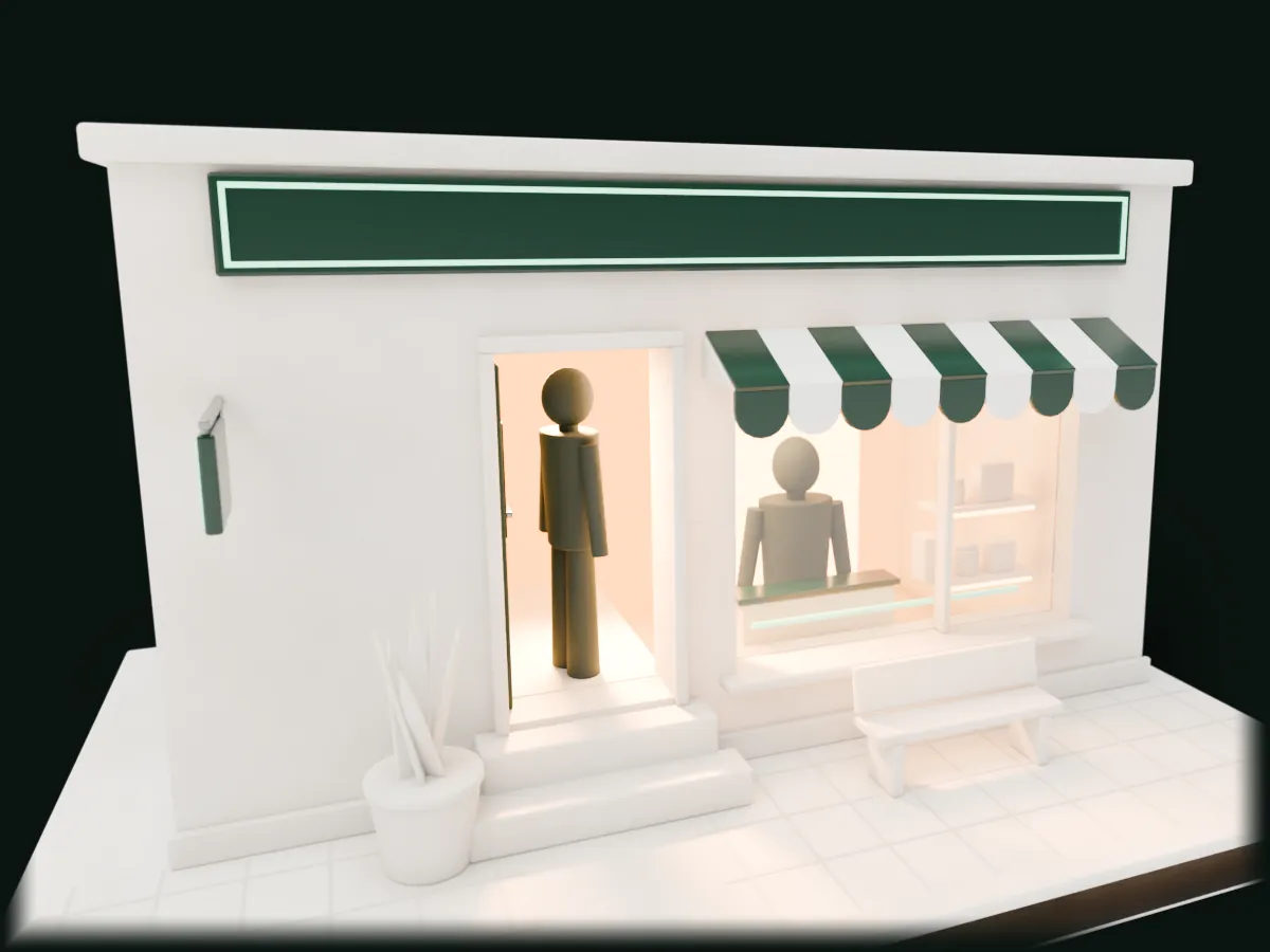 La boutique de la maquette, au bout de la règle&nbsp;: sa façade et son enseigne, au nom d’Atelier Nacre.