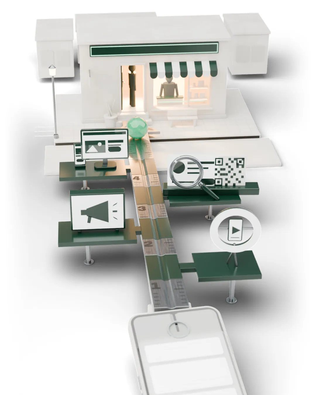 Une maquette d’architecte. Du téléphone d’un client, une règle graduée en acier mène à la porte d’un petit commerce éclairé. Quatre pièces comblent le chemin&nbsp;: une lumière annulaire qui filme une vidéo, un panneau lumineux avec un mégaphone, une loupe sur une fiche et un QR code, un écran et un téléphone avec la même page. La bille est arrivée devant la porte ouverte. Le commerce est éclairé, son enseigne verte allumée, un client sur le pas de la porte et le commerçant derrière son comptoir.